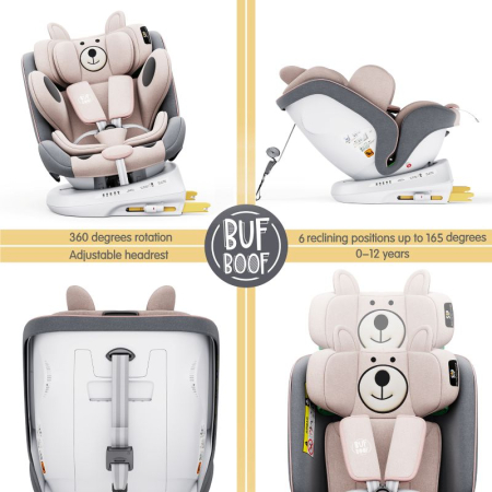 BUF BOOF TWT Plus iSize Autósülés, 360 °-os, 0-36 kg-os forgatással, 40-150 cm, UrsPink [8]