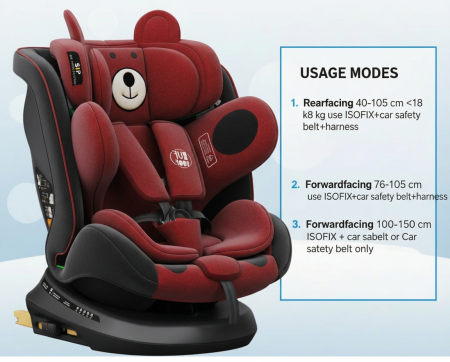 BUF BOOF TWT Plus iSize Autósülés, 360 °-os, 0-36 kg-os forgatással, 40-150 cm, UrsRed [3]
