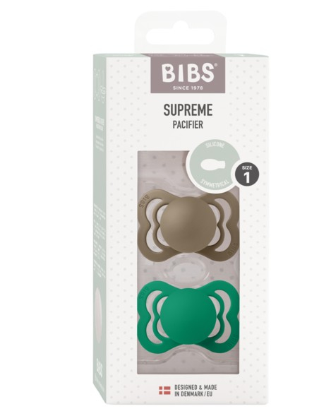 BIBS - Set 2 suzete Supreme Silicon, tetina simetrica, 0 luni + Dark Oak/Evergreen [2]