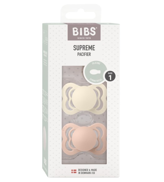 BIBS - Set 2 suzete Supreme Silicon, tetina simetrica, 0 luni + Ivory/Blush [2]