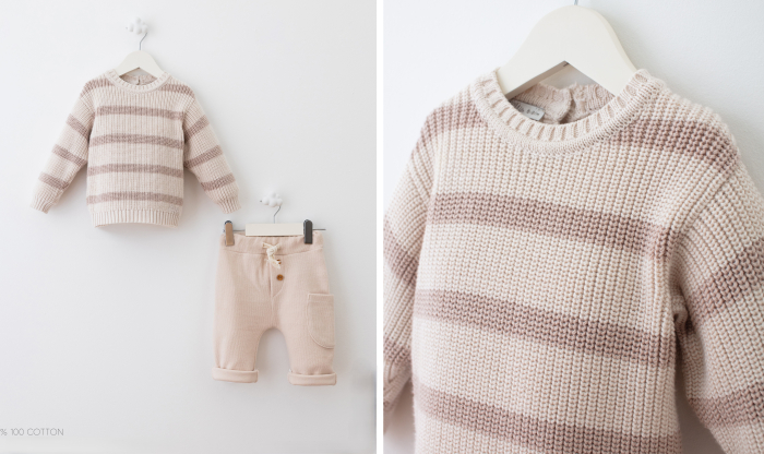 Set premium bumbac - Bluza bej cu dungi și pantalon bej [1]