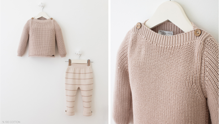 Set premium bumbac - Bluza bej și pantalon cu dungi bej [1]