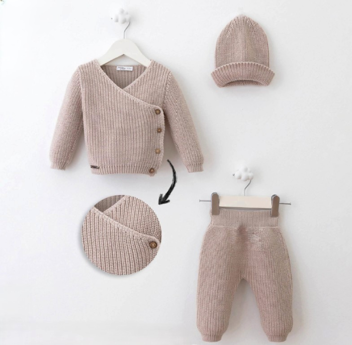 Set premium 3 piese - Bluză cu pantalon si căciulă bej [1]
