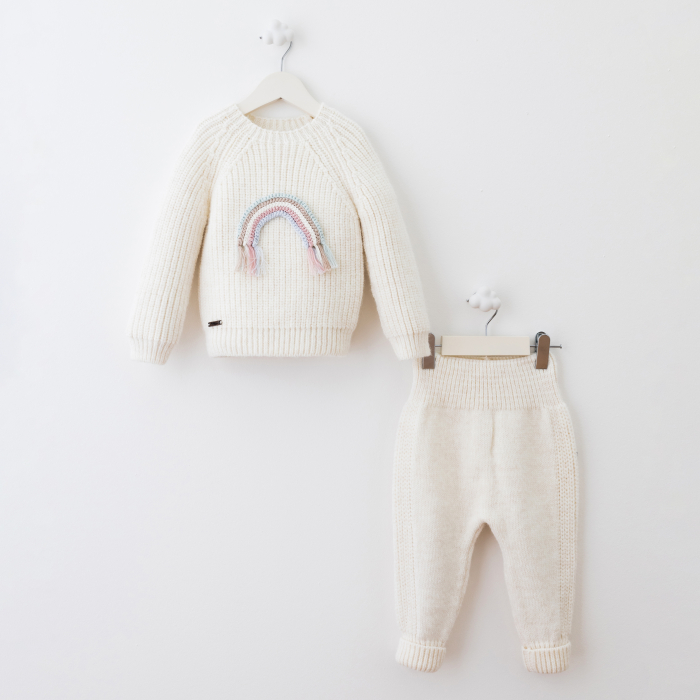 Set premium cu lână – bluză ecru cu curcubeu croșetat și pantaloni [1]