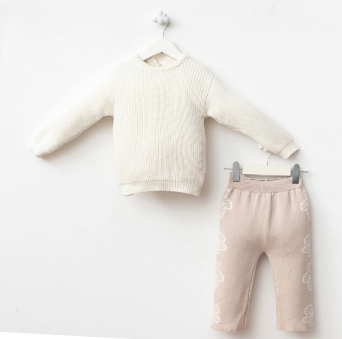 Set premium bumbac - Bluza ecru și pantalon bej cu flori [1]