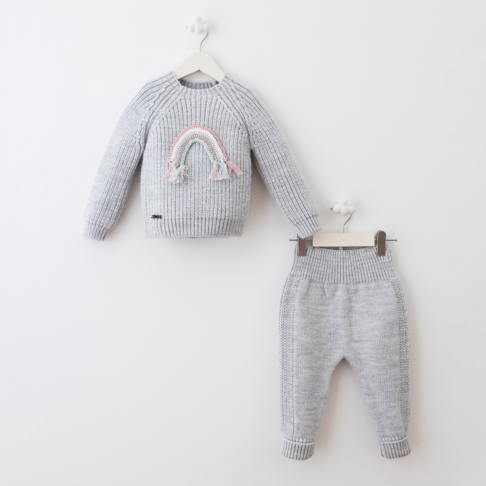 Set premium cu lână – bluză gri cu curcubeu croșetat și pantaloni [1]