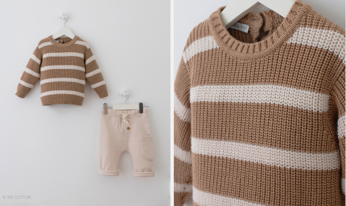 Set premium bumbac - Bluza maro cu dungi și pantalon bej [1]