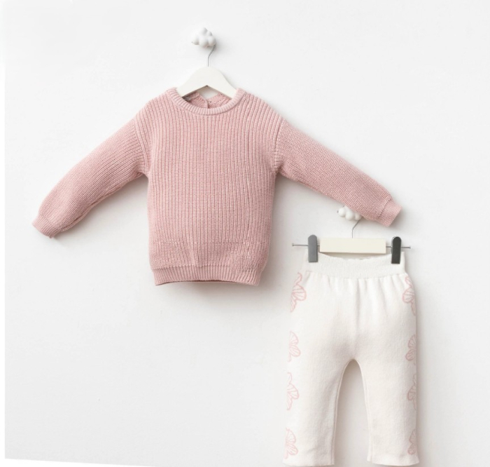 Set premium bumbac - Bluza roz și pantalon alb cu flori [1]