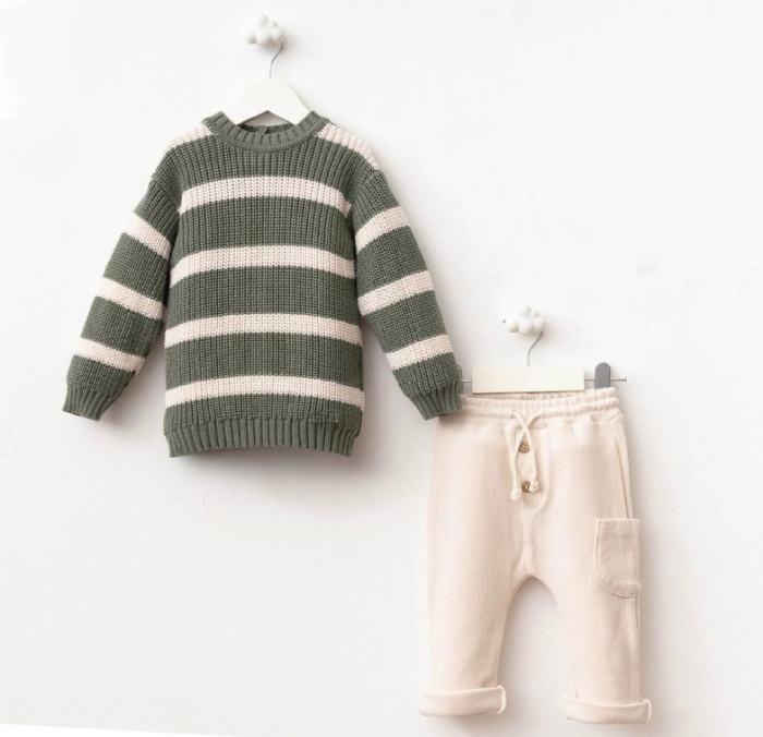 Set premium bumbac - Bluza verde cu dungi și pantalon bej [1]