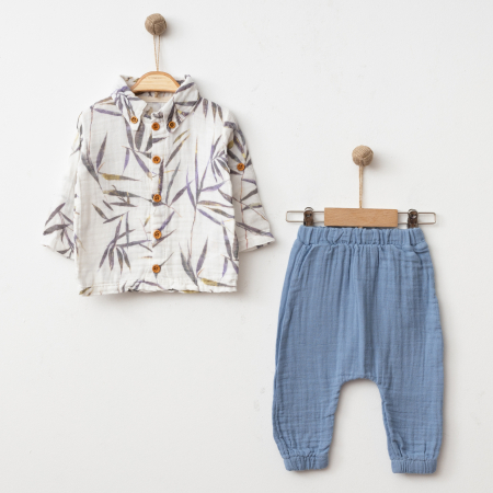 COSTUMAȘE - Costum Bebe Baieti Muselina Bleu Frunze Guler