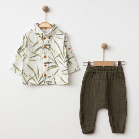MUSELINE - Costum Bebe Baieti Muselina Verde Frunze Guler