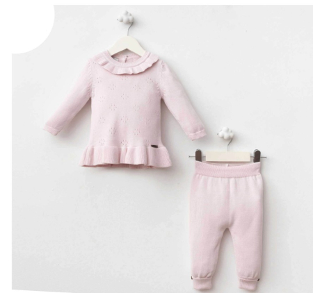 COLECȚIE TOAMNĂ-IARNĂ - Set premium bumbac - Bluza cu volănașe roz și pantaloni
