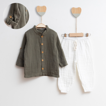 COSTUMAȘE - Costumas Bebe Baieti si Copii Muselina Verde Army-Alb