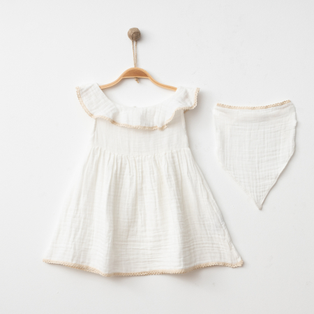 ROCHII - Set Rochie si Bentita Bebelusi Fete Muselina  Alb