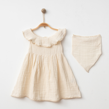 ROCHII - Set Rochie si Bentita Bebelusi Fete Muselina Crem