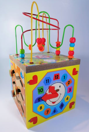 Cub educativ cu activitati din lemn 5 in 1,Ceas, Puzzle, Labirinturi, Abacus, Sah, 36 cm, Multicolor [0]
