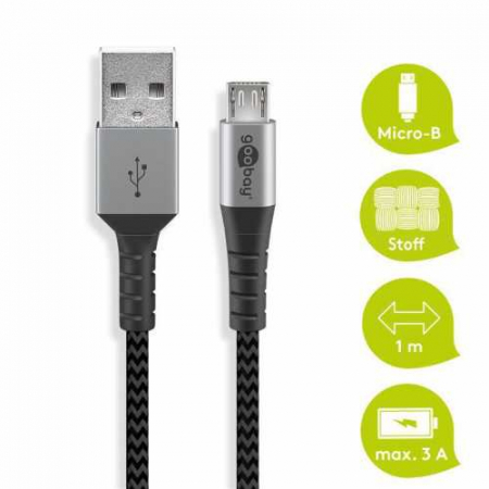 Cablu de date si incarcare micro USB, Goobay, 1m, gri/argintiu, textil, flexibil, 49282 [2]