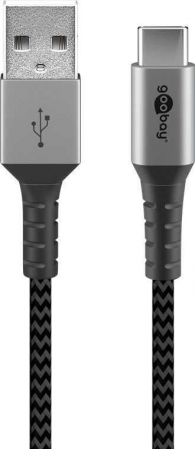 Cablu de date si incarcare USB-C, Goobay, 2m, gri/argintiu, textil, flexibil, 49297 [0]
