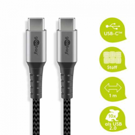 Cablu de de date USB-C - USB-C, Goobay, 1m, gri/argintiu, textil, flexibil, 49302 [2]