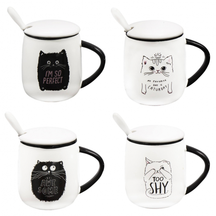 Cană din Ceramică pentru Ceai și Cafea cu Capac și Linguriță - Happy Cat [1]