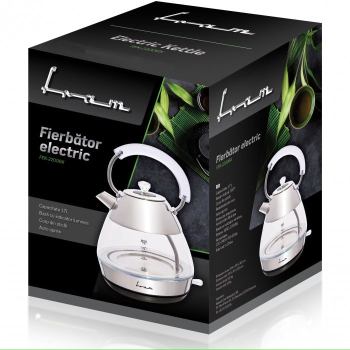 FRAM Fierbator electric, Kettle, Fek-2200GX, 2200W, capacitate 1.7L, Sticla si Inox [2]
