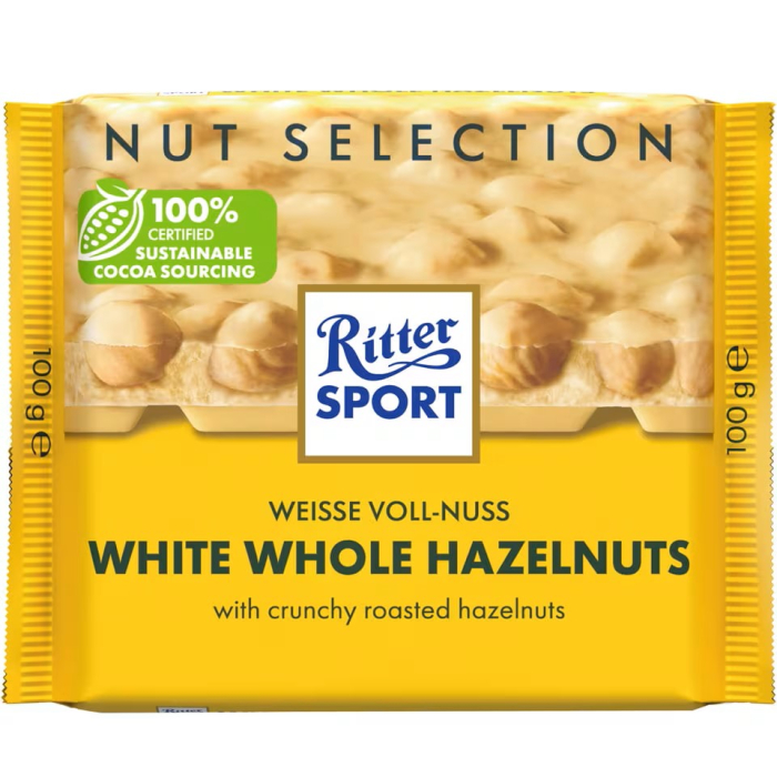 RITTER Sport Ciocolata Alba cu Alune de Padure Intregi 100g [1]