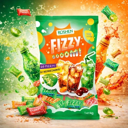 ROSHEN Fizzy Booom! Dropsuri cu Umplutura Efervescenta cu Aroma de Portocale, Cola si Lemon Lime 1Kg 198buc [2]