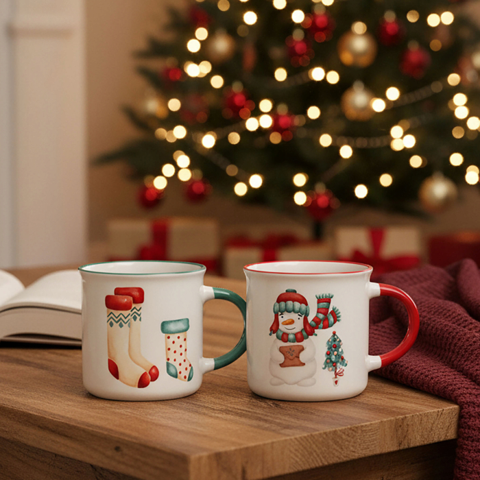 Set 2 Cani din Portelan Decorate cu Motive de Craciun 300ml - Om de Zapada + Sosete [3]