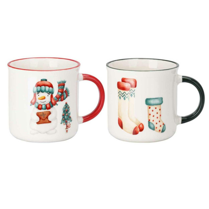 Set 2 Cani din Portelan Decorate cu Motive de Craciun 300ml - Om de Zapada + Sosete [1]