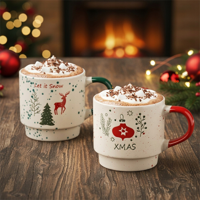Set 2 Cani din Portelan Decorate cu Motive de Craciun 350ml - XMas + Let It Snow [2]