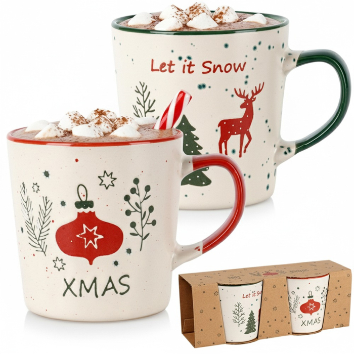Set 2 Cani din Portelan Decorate cu Motive de Craciun 350ml - XMas + Let It Snow - Conica [1]