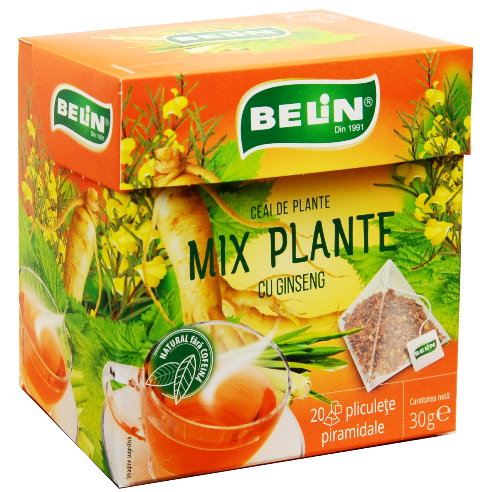 Ceai in Plic - BELIN Piramide Ceai de Plante cu Ginseng - Ceai de Fructe si Plante Aromatizat - 20 Plicuri x 2g