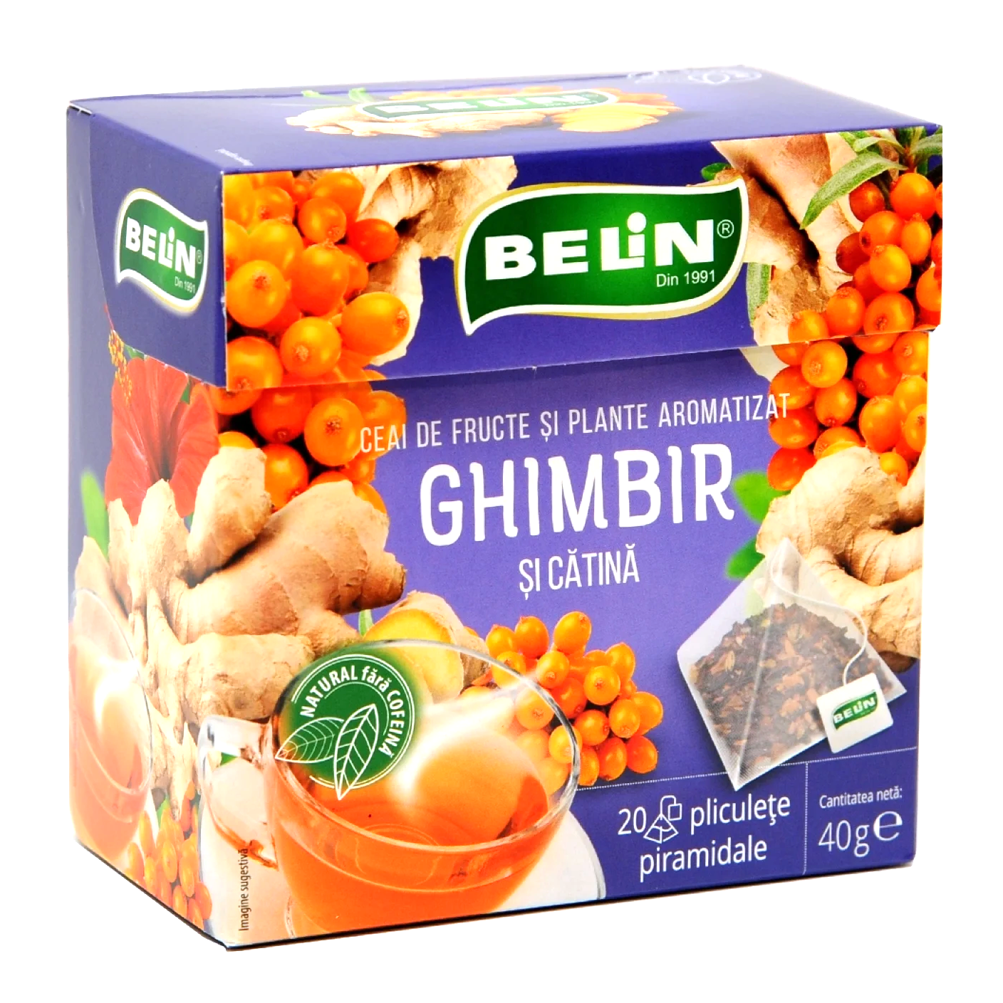 Ceai in Plic - BELIN Piramide Ceai de Ghimbir si Catina - Ceai de Fructe si Plante Aromatizat - 20 Plicuri x 2g