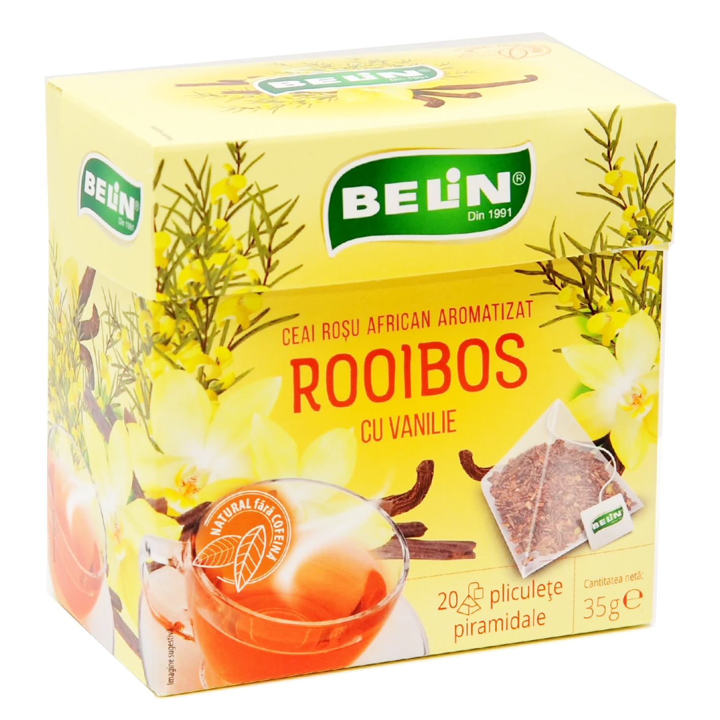 Ceai in Plic - BELIN Piramide Ceai Rooibos cu Vanilie  - Ceai Rosu African Aromatizat - 20 x 1.75g