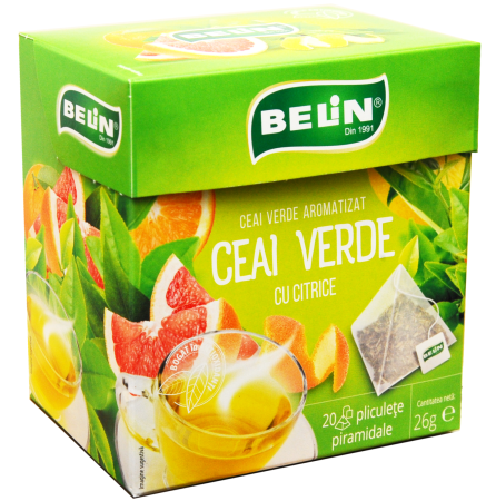 Ceai in Plic - BELIN Piramide Ceai Verde cu Citrice - Ceai Verde Aromatizat - 20 Plicuri x 1.3g