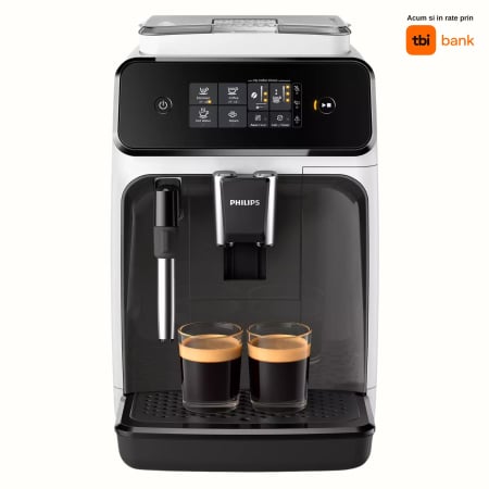 Espressoare si Cafetiere - Espressor Automat PHILIPS EP1223/00 Seria 1200, 1500W, 15 bar, Sistem clasic de spumare, 2 bauturi, Afisaj tactil, 12 setari macinare, Rasnita ceramica, Alb + Negru