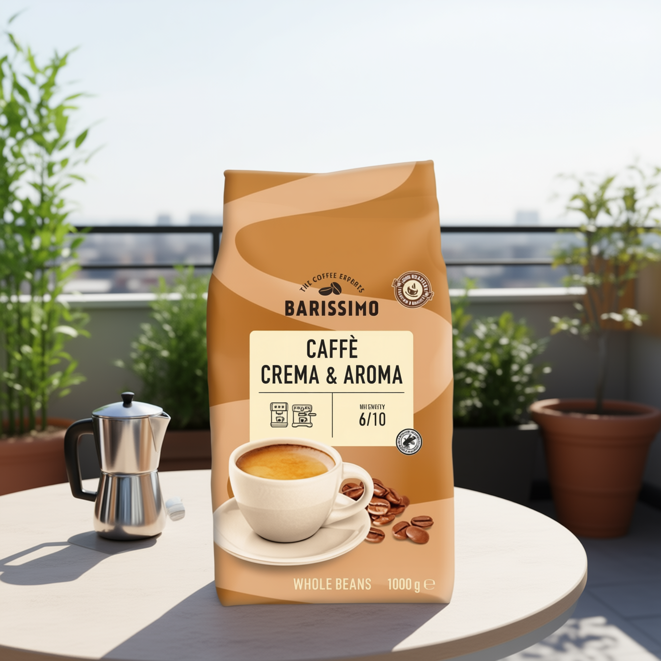 Pachet 6 x AMAROY Barissimo Crema & Aroma Cafea Boabe 1kg + Cadou KOTANYI Râșniță Condimente pentru Cafea Cacao Kiss 63g [3]