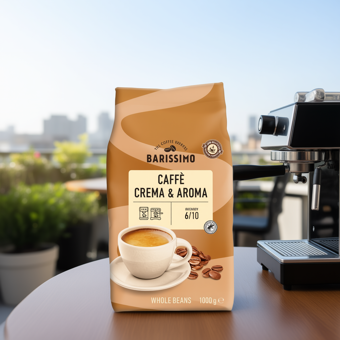 Pachet 6 x AMAROY Barissimo Crema & Aroma Cafea Boabe 1kg + Cadou KOTANYI Râșniță Condimente pentru Cafea Cacao Kiss 63g [1]