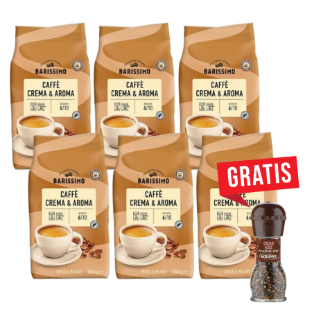 Cafea Boabe Premium - Pachet 6 x AMAROY Barissimo Crema & Aroma Cafea Boabe 1kg + Cadou KOTANYI Râșniță Condimente pentru Cafea Cacao Kiss 63g