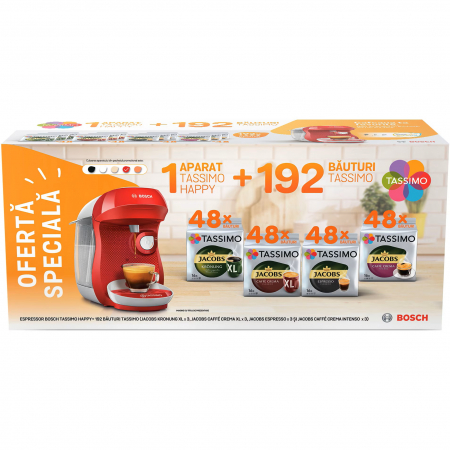 Espressoare si Cafetiere - Pachet Espressor Bosch Tassimo Happy Rosu + Cadou 12 cutii Capsule Cafea Tassimo