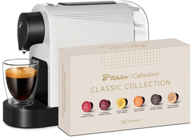 Capsule cu Cafea - Pachet Espressor Pentru Capsule Tchibo Cafissimo Pure Alb + TCHIBO CAFISSIMO Set Capsule 6 Sortimente