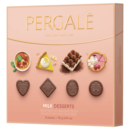 Ciocolata & Praline - PERGALE Praline de Ciocolata cu Lapte si Umplutura Desert cutie 113g