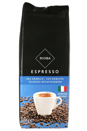 Cafea Boabe Premium - RIOBA Caffe Espresso Decafeinizata 60% Arabica 40% Robusta - Cafea Boabe 500g