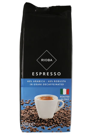 Cafea Boabe Premium - RIOBA Caffe Espresso Decafeinizata 60% Arabica 40% Robusta - Cafea Boabe 500g