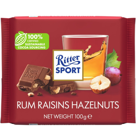 Dulciuri - RITTER Sport Ciocolata cu Rom, Stafide si Alune de Padure 100g