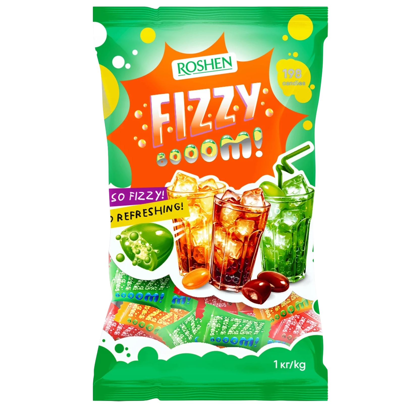 Dropsuri/Jeleuri - ROSHEN Fizzy Booom! Dropsuri cu Umplutura Efervescenta cu Aroma de Portocale, Cola si Lemon Lime 1Kg 198buc