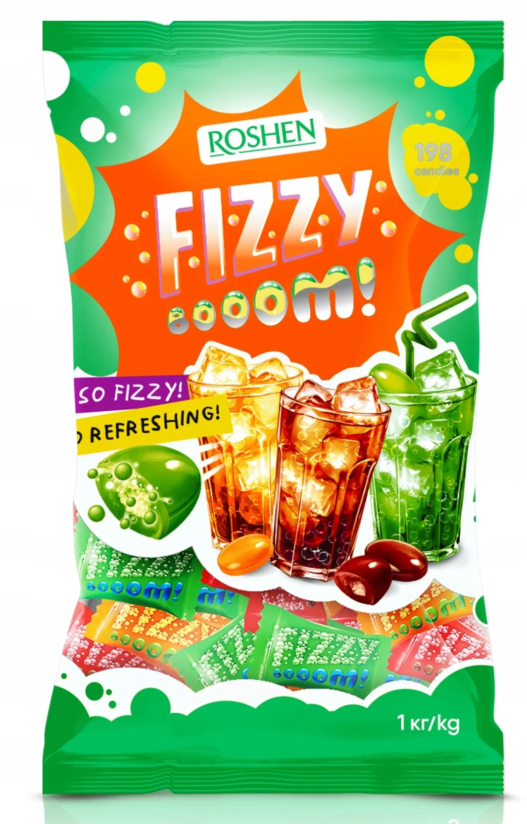Dulciuri - ROSHEN Fizzy Booom! Dropsuri cu Umplutura Efervescenta cu Aroma de Portocale, Cola si Lemon Lime 1Kg 198buc