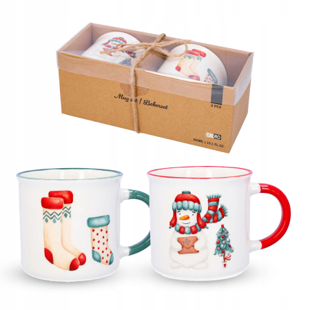 Set 2 Cani din Portelan Decorate cu Motive de Craciun 300ml - Om de Zapada + Sosete [1]