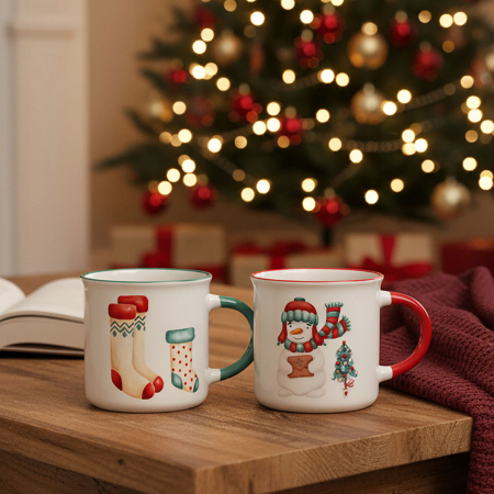 Set 2 Cani din Portelan Decorate cu Motive de Craciun 300ml - Om de Zapada + Sosete [2]