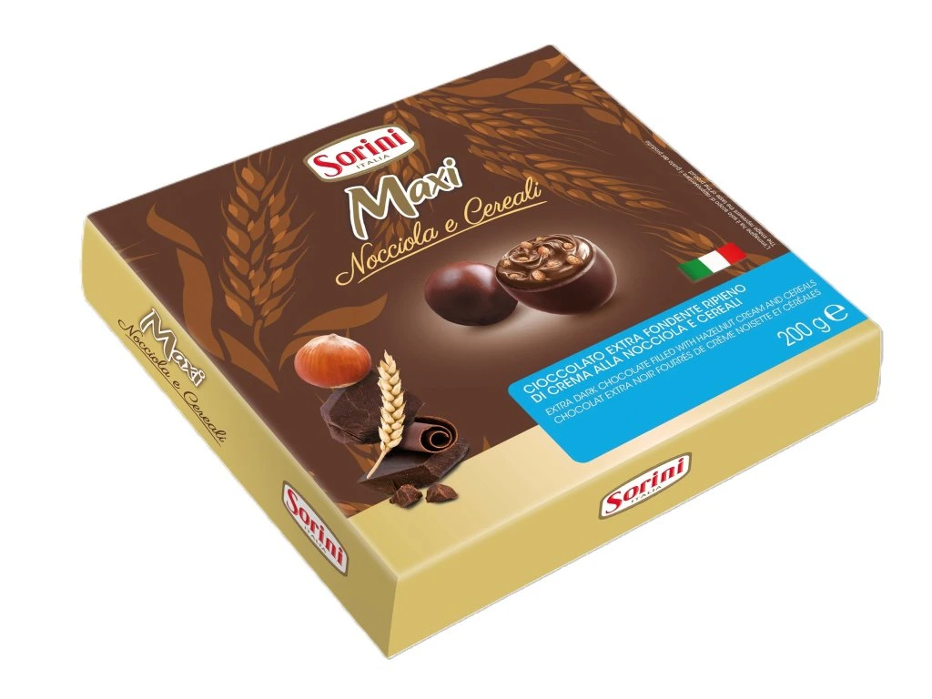 Ciocolata & Praline - SORINI Maxi Nocciola e Cereali - Praline din Ciocolata Neagra cu Crema de Alune si Cereale 200g